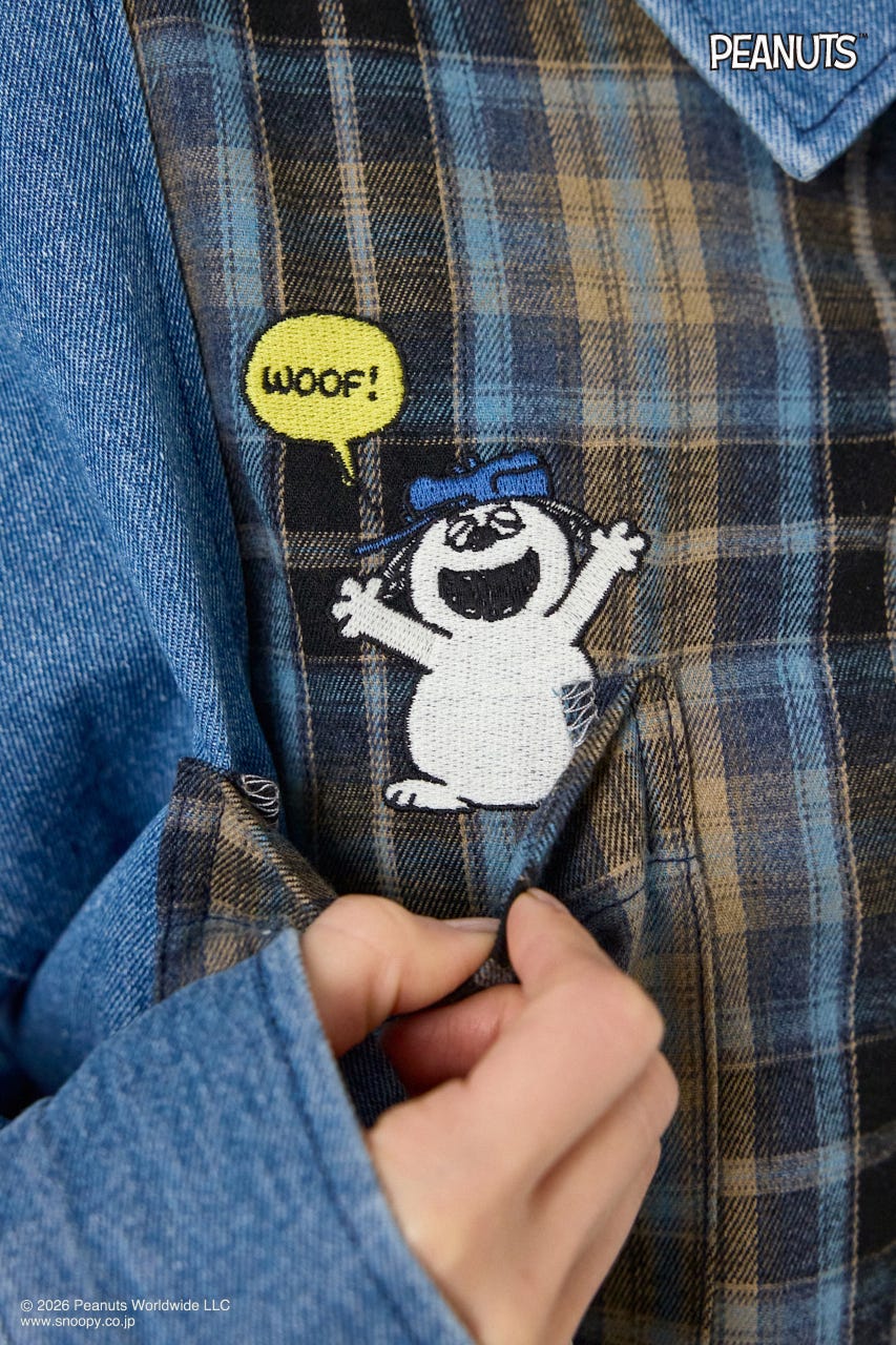 【UNISEX】(PEANUTS)チェック×デニムドッキングシャツ 柄BLU FREE