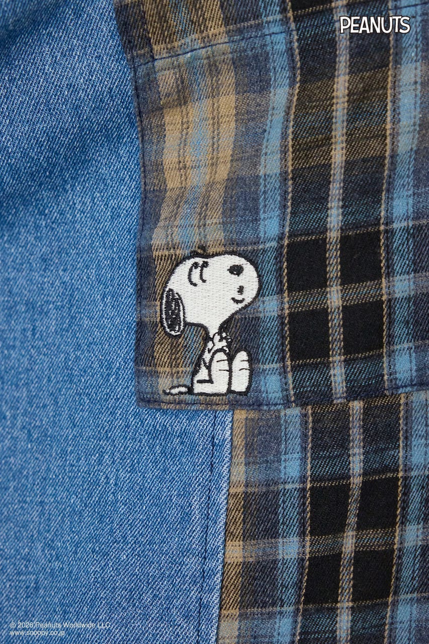 【UNISEX】(PEANUTS)チェック×デニムドッキングシャツ 柄BLU FREE