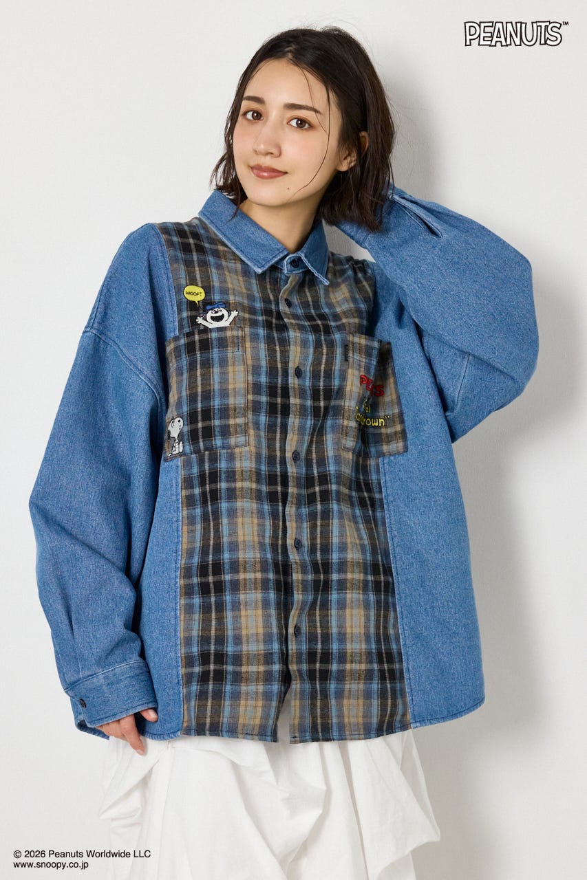 【UNISEX】(PEANUTS)チェック×デニムドッキングシャツ 柄BLU FREE