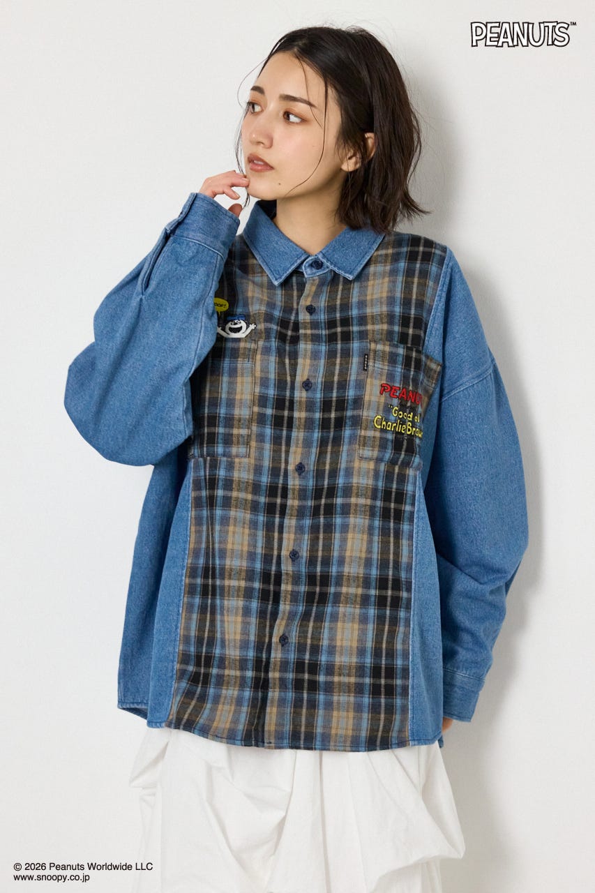 【UNISEX】(PEANUTS)チェック×デニムドッキングシャツ 柄BLU FREE