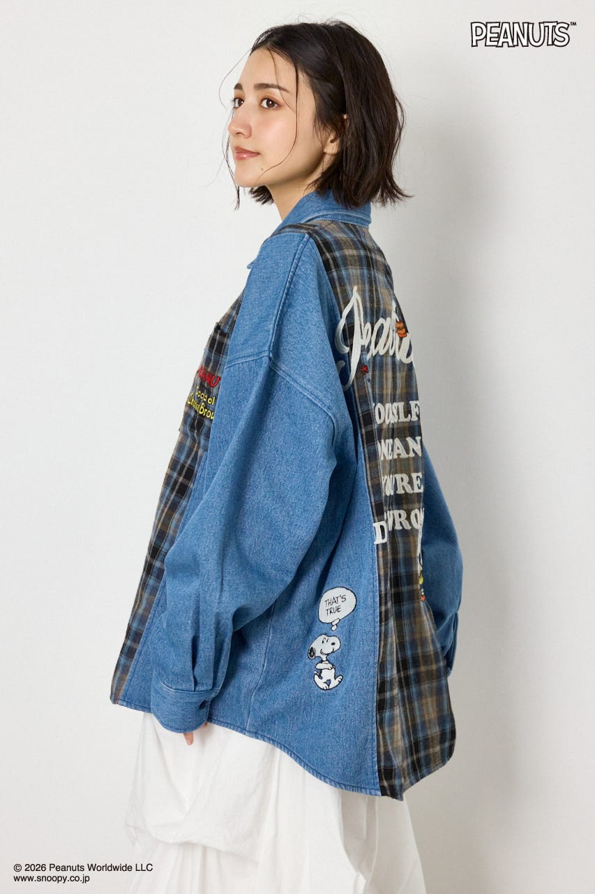 【UNISEX】(PEANUTS)チェック×デニムドッキングシャツ 柄BLU FREE