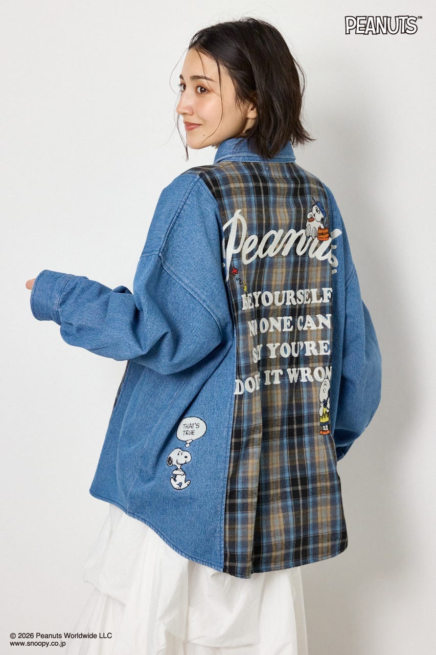 【UNISEX】(PEANUTS)チェック×デニムドッキングシャツ 柄BLU FREE
