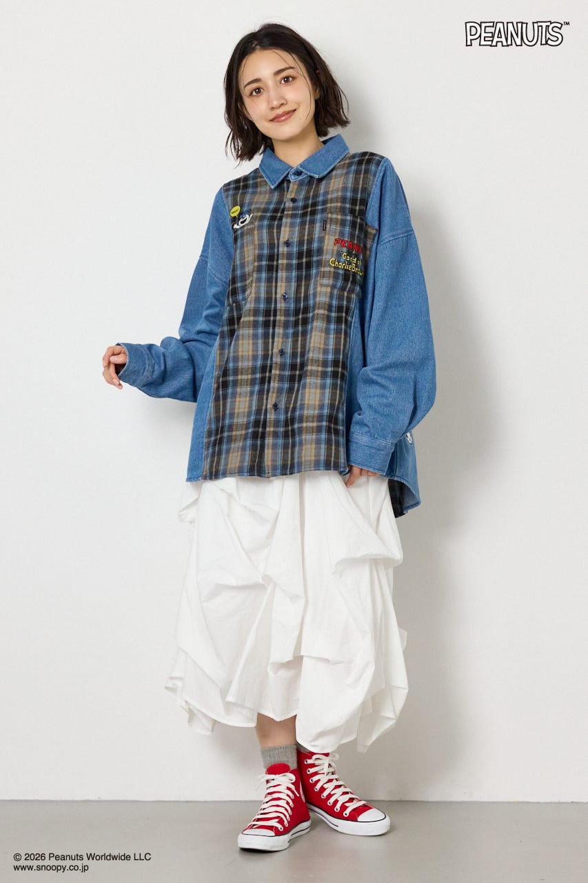 【UNISEX】(PEANUTS)チェック×デニムドッキングシャツ 柄BLU FREE