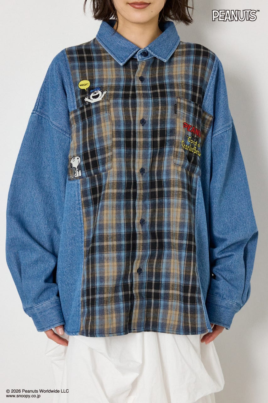 【UNISEX】(PEANUTS)チェック×デニムドッキングシャツ 柄BLU FREE