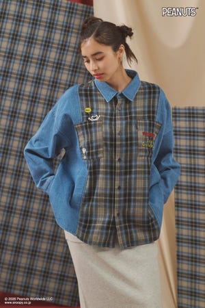 【UNISEX】(PEANUTS)チェック×デニムドッキングシャツ