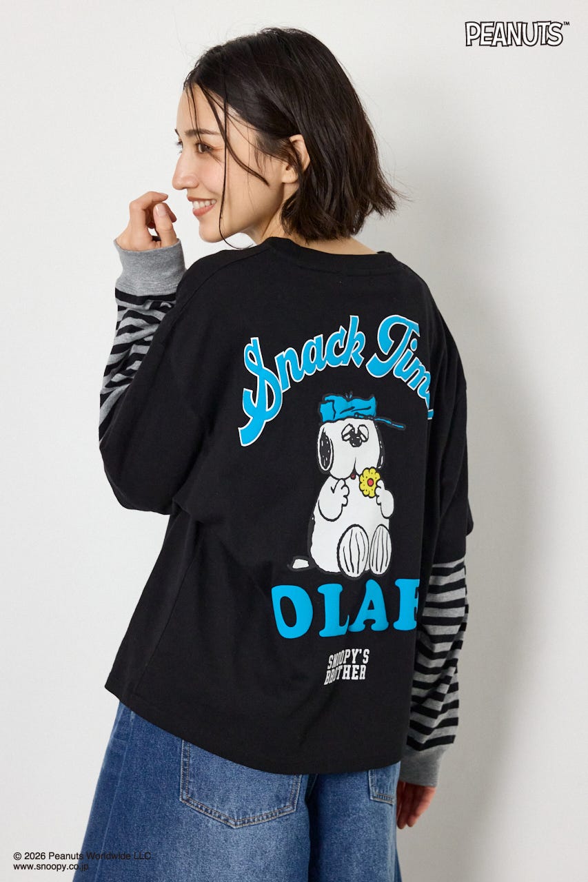 【UNISEX】(PEANUTS)フェイクレイヤードロングTシャツ BLK L