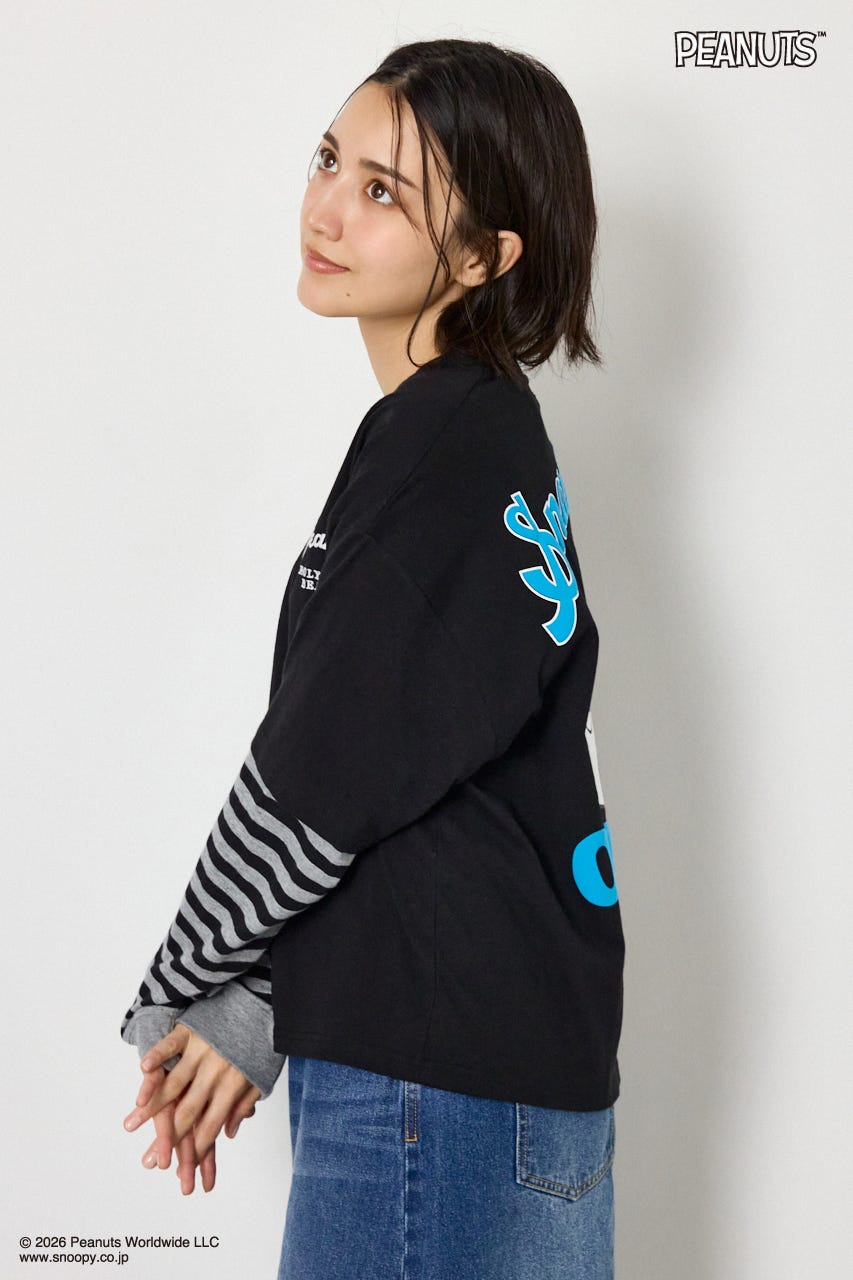 【UNISEX】(PEANUTS)フェイクレイヤードロングTシャツ BLK L