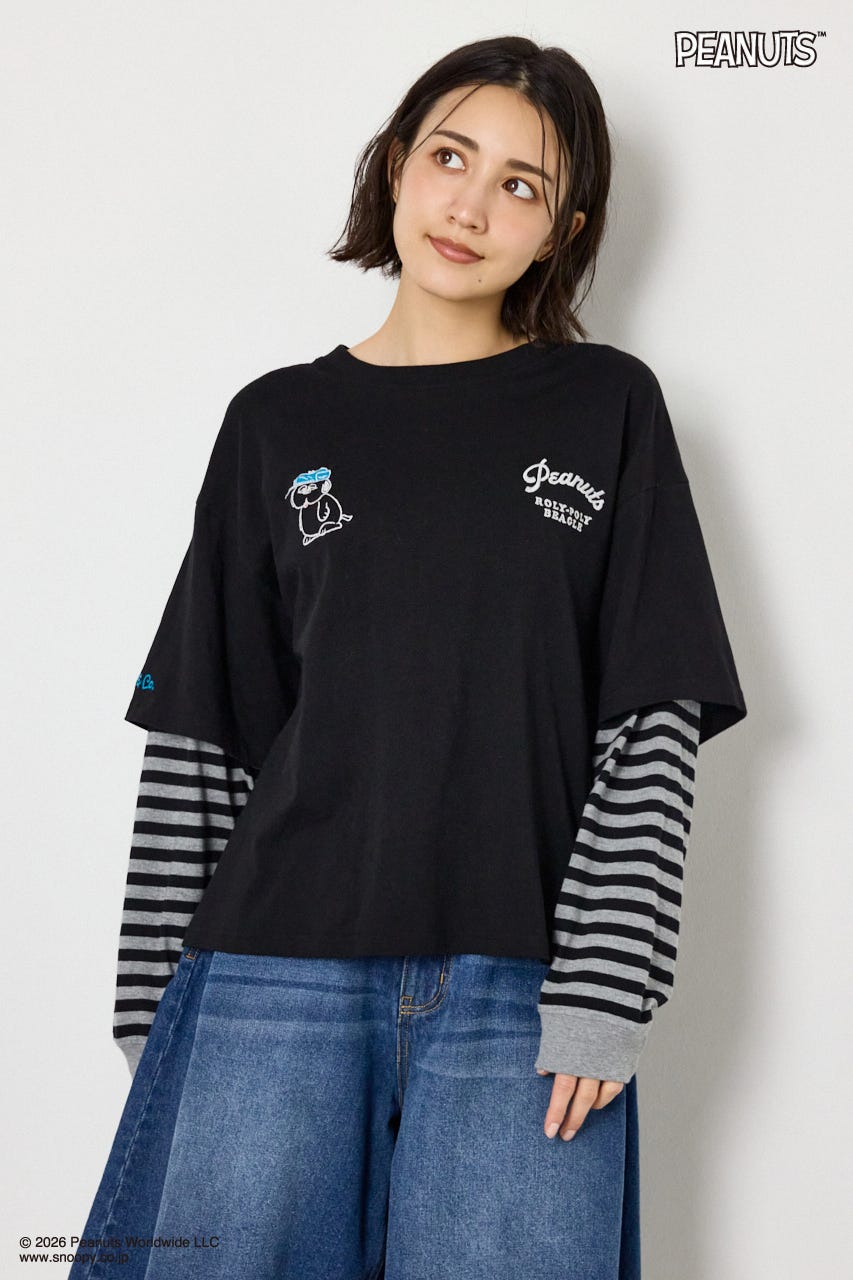 【UNISEX】(PEANUTS)フェイクレイヤードロングTシャツ BLK L