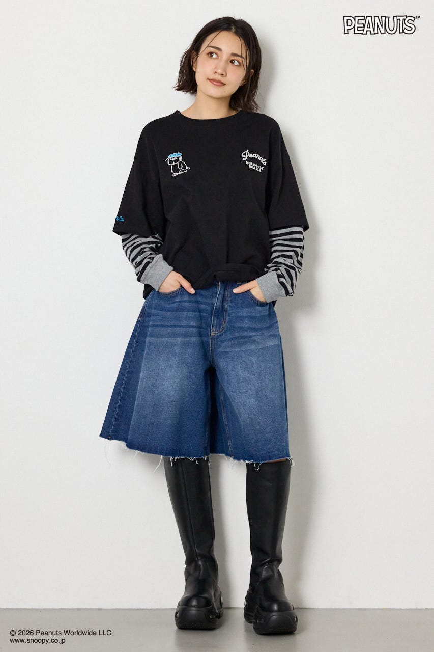 【UNISEX】(PEANUTS)フェイクレイヤードロングTシャツ BLK L