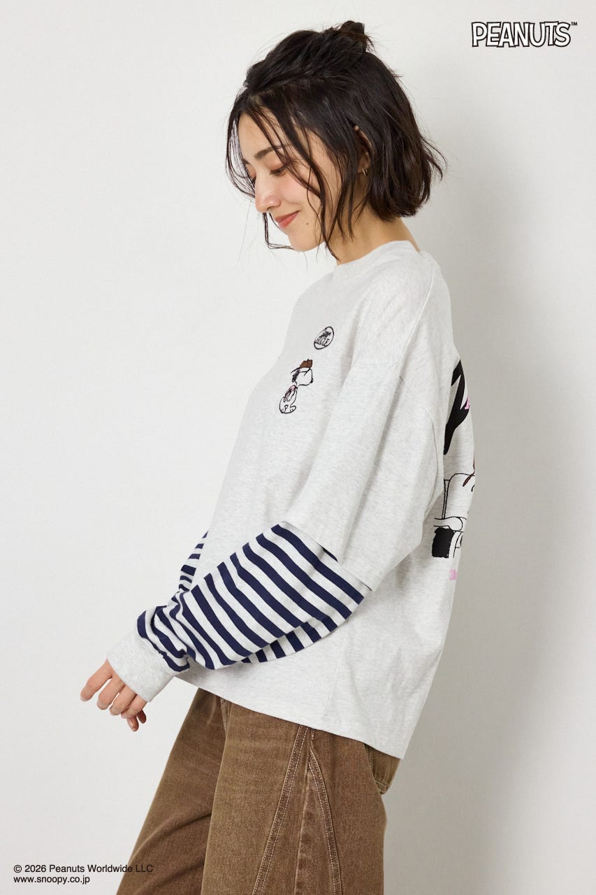 【UNISEX】(PEANUTS)フェイクレイヤードロングTシャツ L/T.GRY M