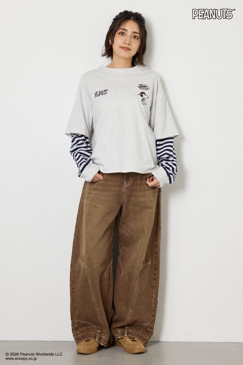 【UNISEX】(PEANUTS)フェイクレイヤードロングTシャツ L/T.GRY M