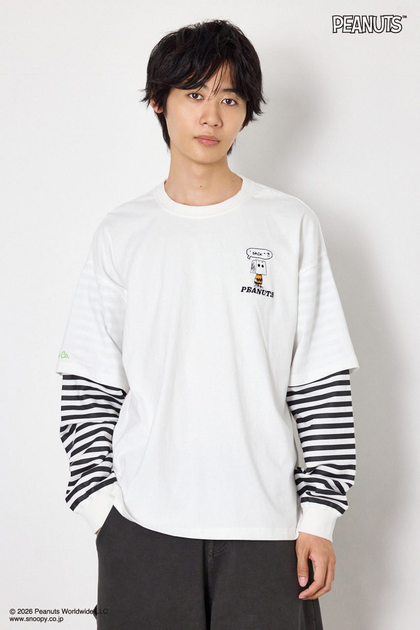 【UNISEX】(PEANUTS)フェイクレイヤードロングTシャツ O/WHT L