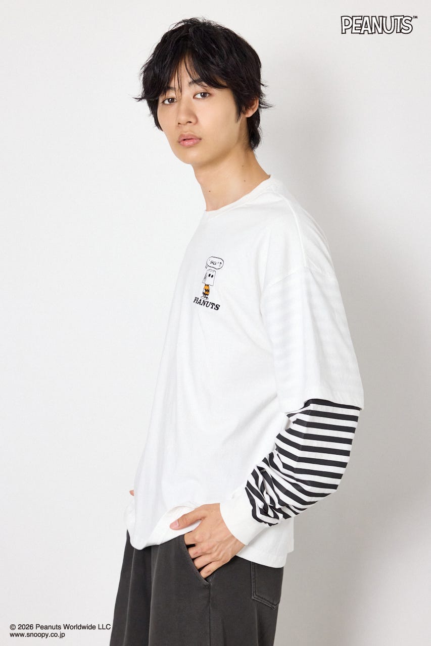 【UNISEX】(PEANUTS)フェイクレイヤードロングTシャツ O/WHT L