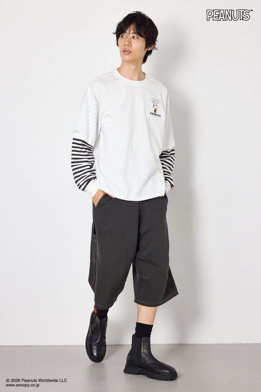【UNISEX】(PEANUTS)フェイクレイヤードロングTシャツ O/WHT L