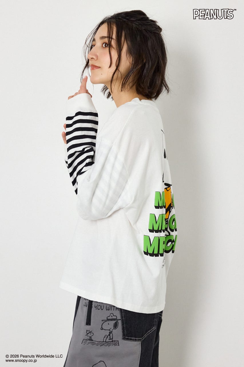 【UNISEX】(PEANUTS)フェイクレイヤードロングTシャツ O/WHT L