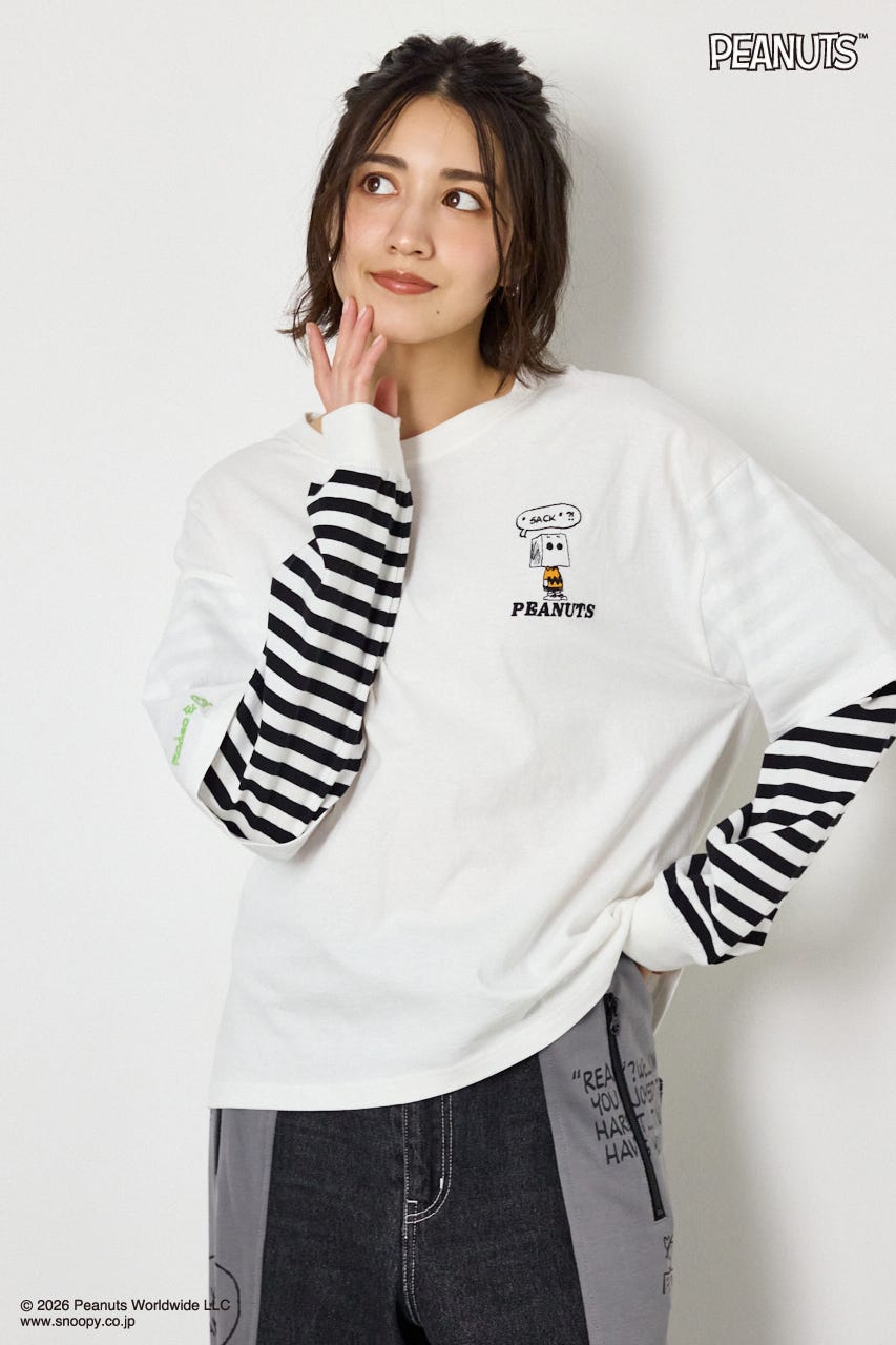 【UNISEX】(PEANUTS)フェイクレイヤードロングTシャツ O/WHT L
