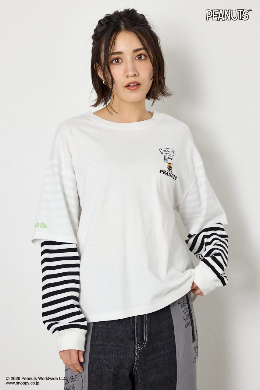 【UNISEX】(PEANUTS)フェイクレイヤードロングTシャツ O/WHT L