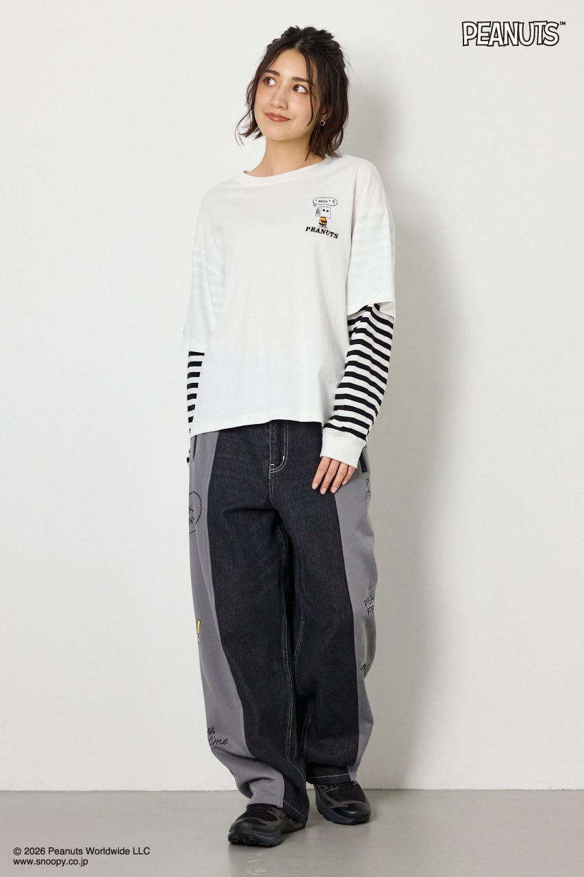 【UNISEX】(PEANUTS)フェイクレイヤードロングTシャツ O/WHT L