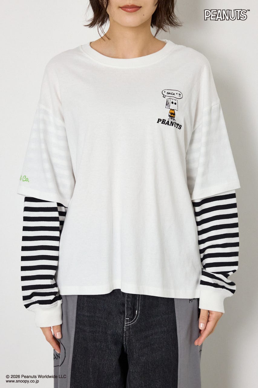 【UNISEX】(PEANUTS)フェイクレイヤードロングTシャツ O/WHT L