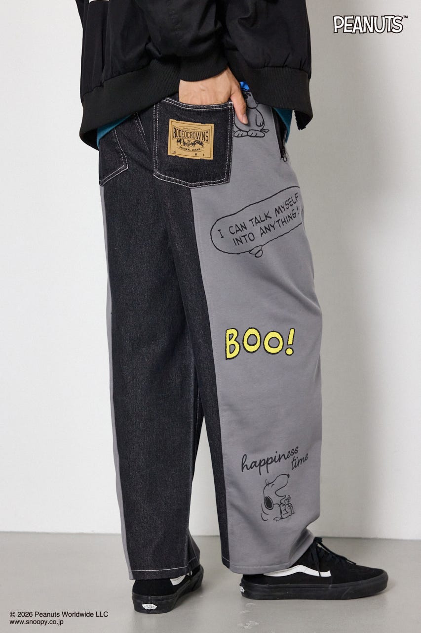 【UNISEX】(PEANUTS)スウェットドッキング リメイクデニム 柄BLK L