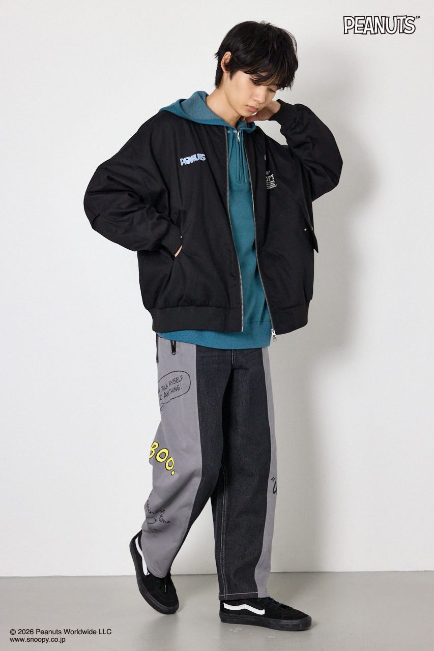【UNISEX】(PEANUTS)スウェットドッキング リメイクデニム 柄BLK L