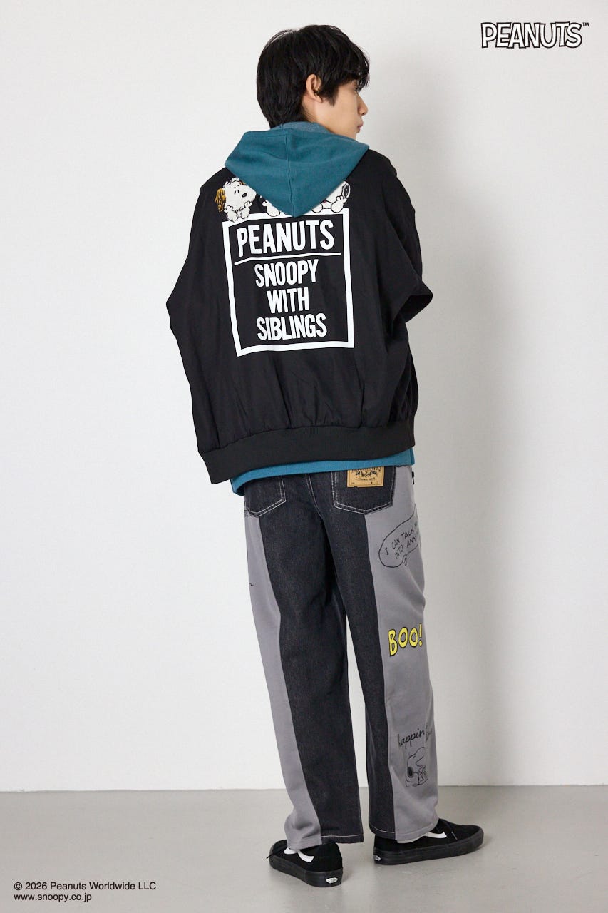 【UNISEX】(PEANUTS)スウェットドッキング リメイクデニム 柄BLK L