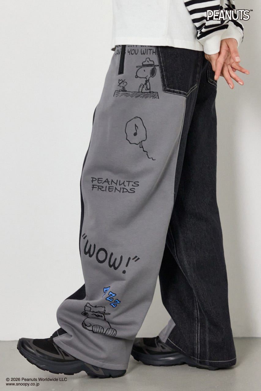 【UNISEX】(PEANUTS)スウェットドッキング リメイクデニム 柄BLK L