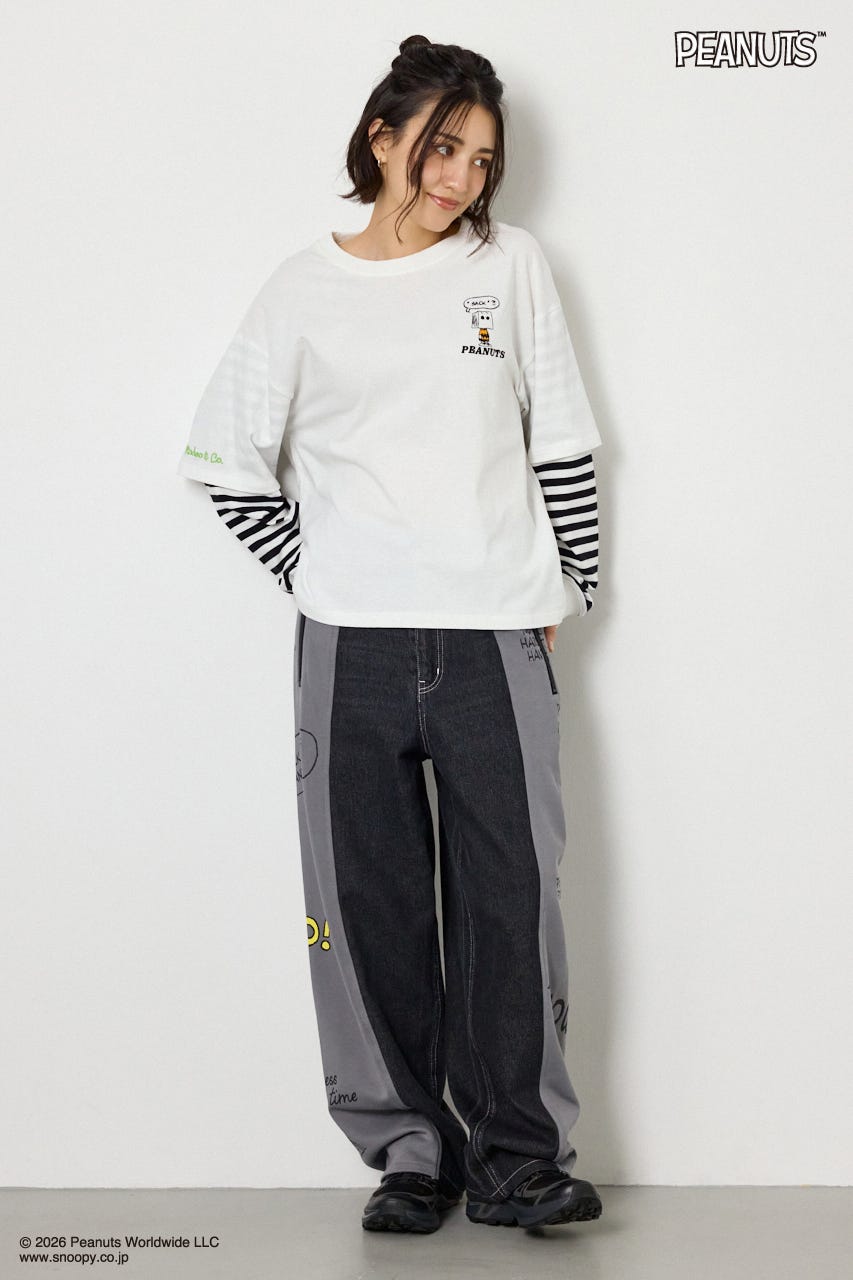 【UNISEX】(PEANUTS)スウェットドッキング リメイクデニム 柄BLK L