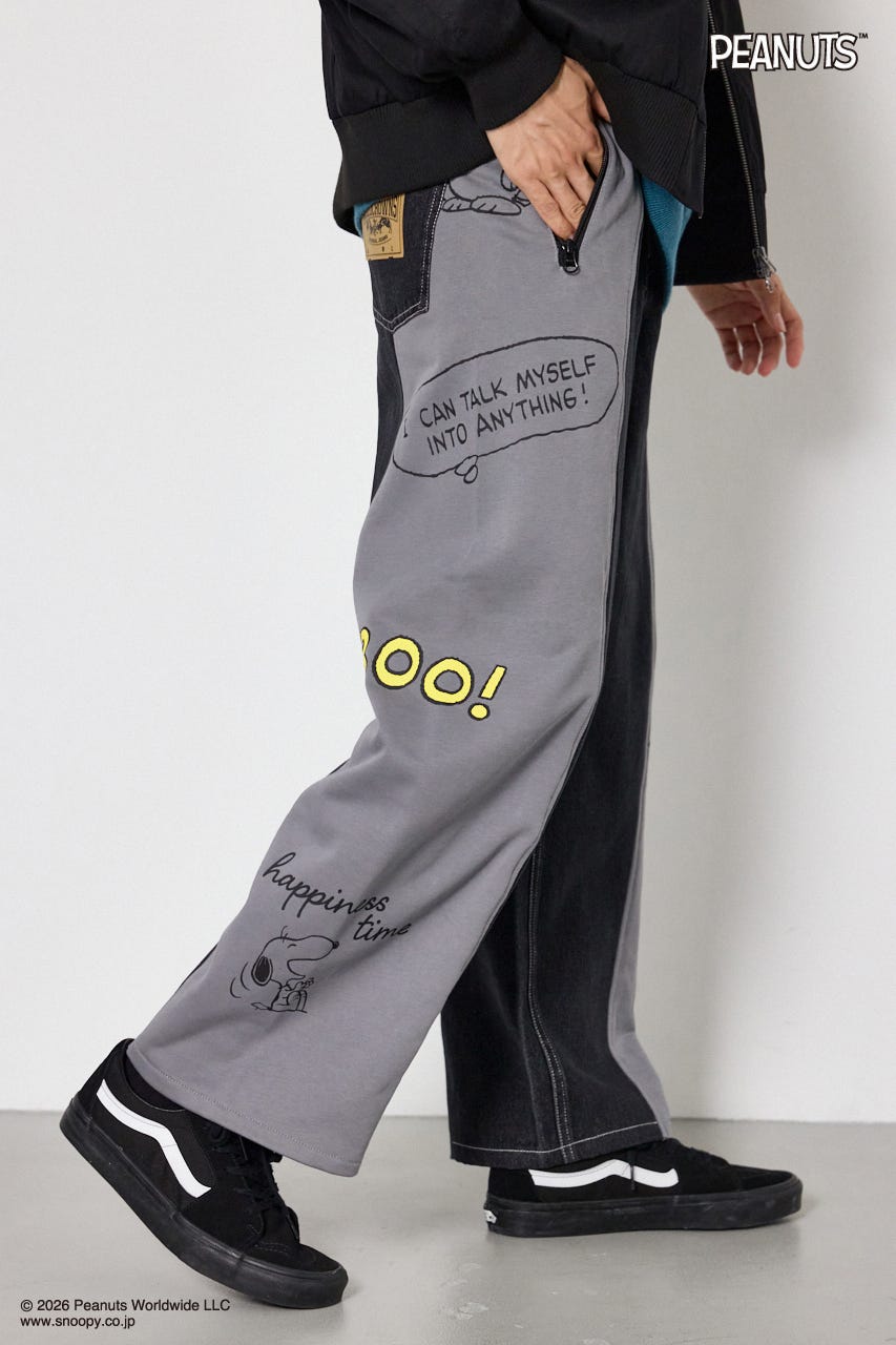 【UNISEX】(PEANUTS)スウェットドッキング リメイクデニム 柄BLK L