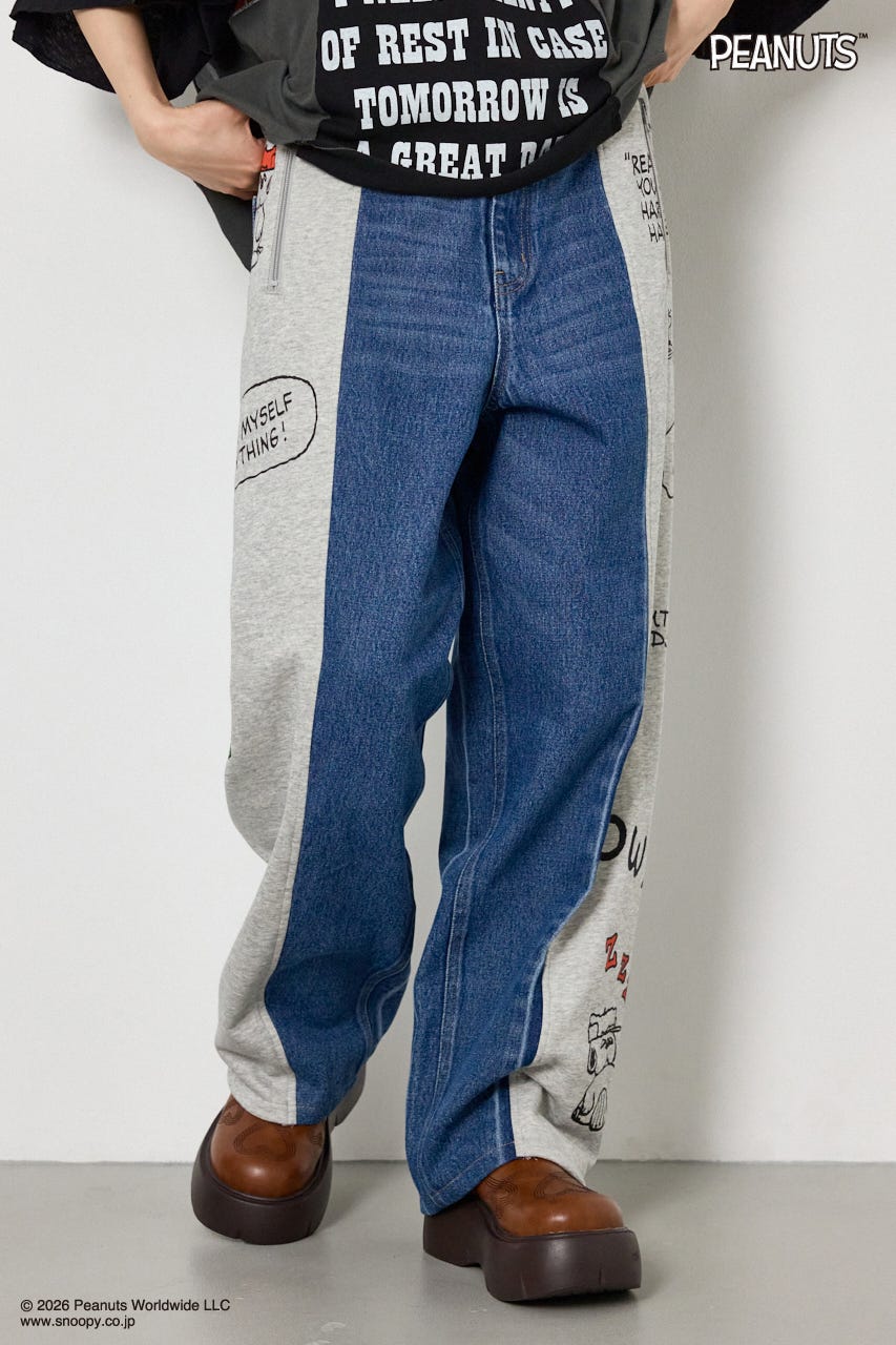 【UNISEX】(PEANUTS)スウェットドッキング リメイクデニム 柄BLU M