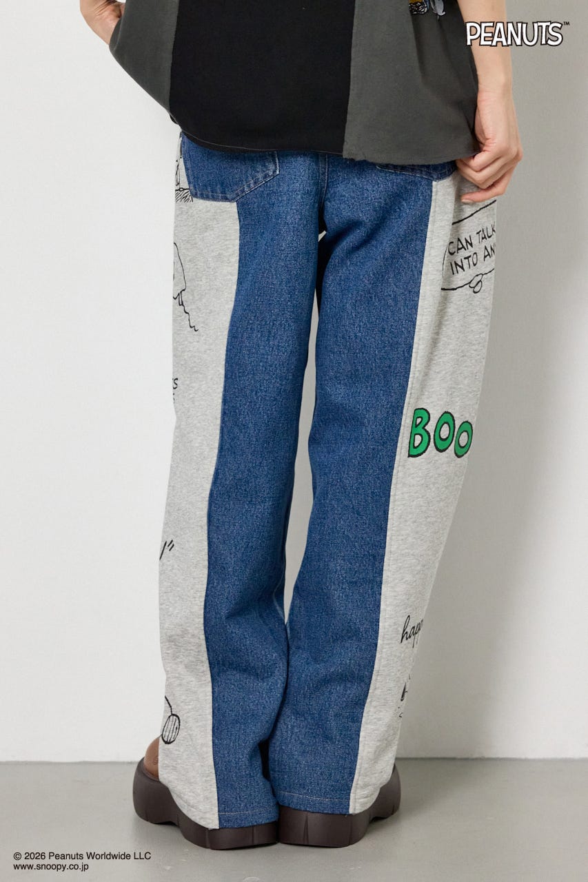 【UNISEX】(PEANUTS)スウェットドッキング リメイクデニム 柄BLU M