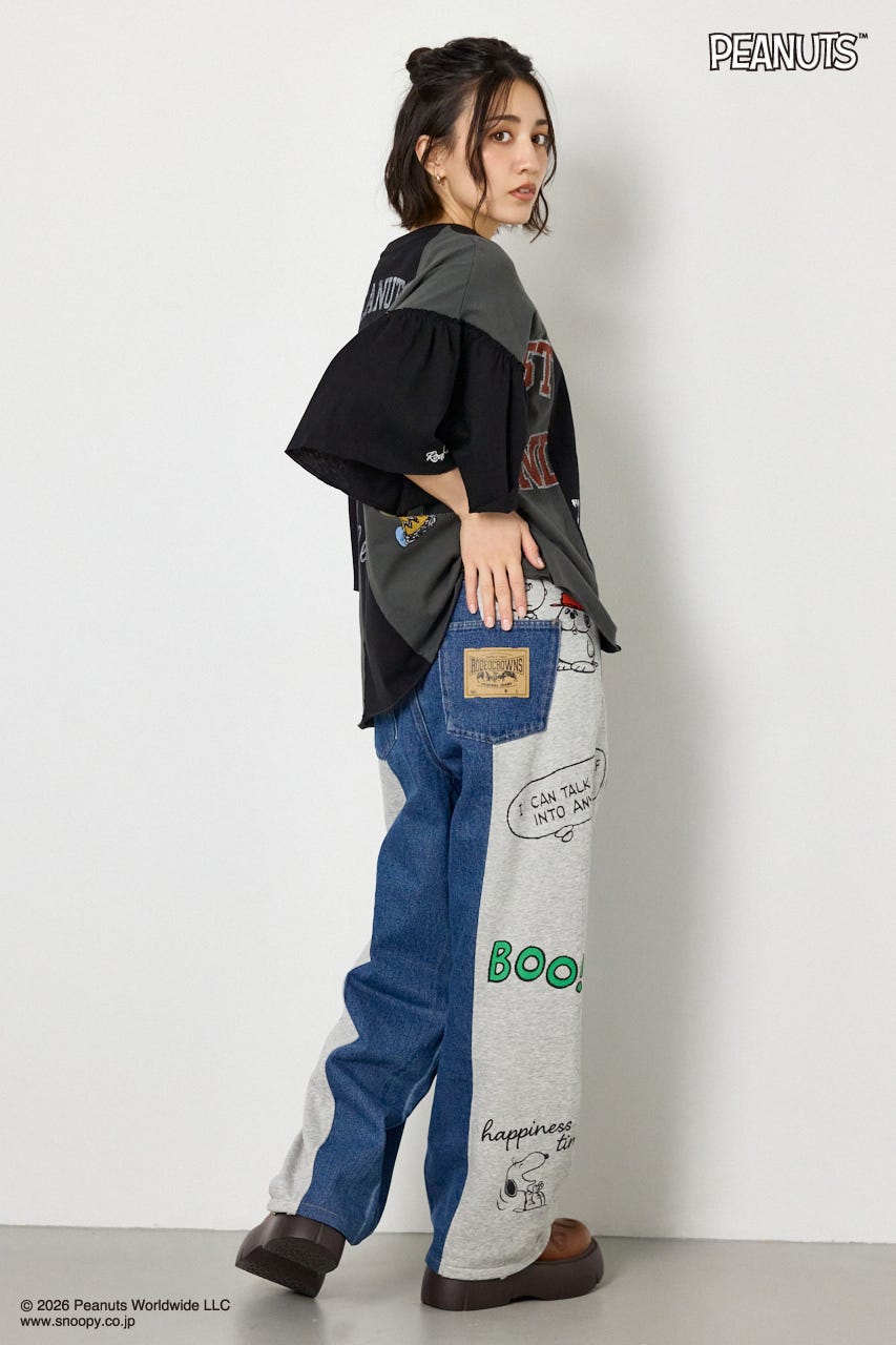 【UNISEX】(PEANUTS)スウェットドッキング リメイクデニム 柄BLU M