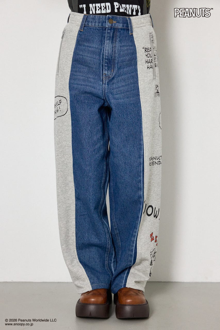 【UNISEX】(PEANUTS)スウェットドッキング リメイクデニム 柄BLU M
