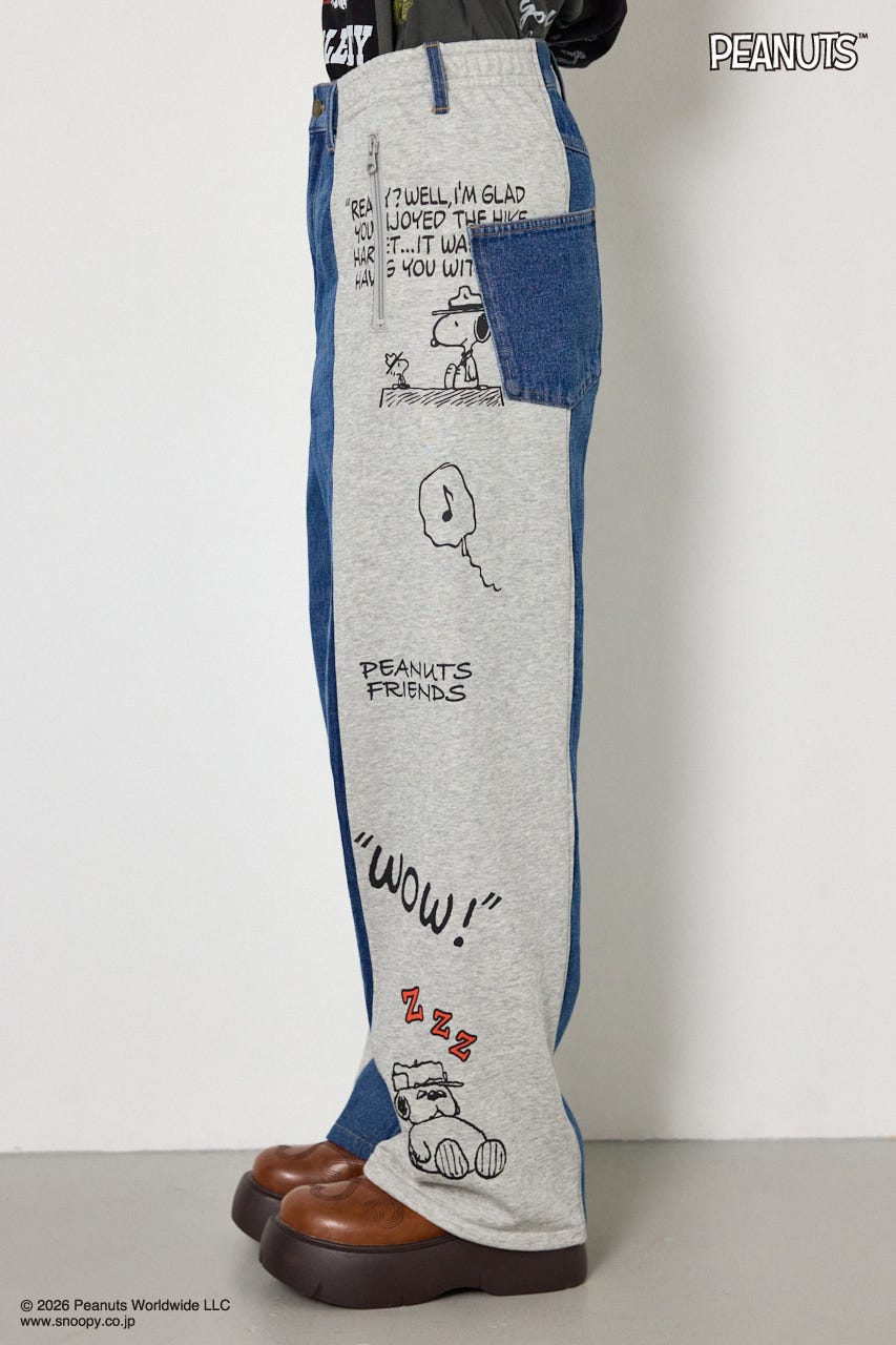 【UNISEX】(PEANUTS)スウェットドッキング リメイクデニム 柄BLU M