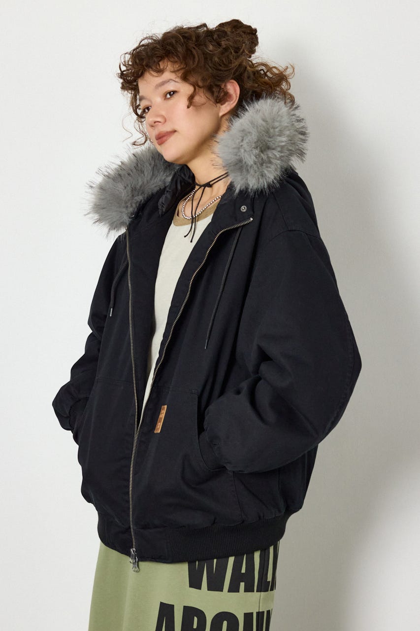【UNISEX】FUR HOODED ワークジャケット BLK L