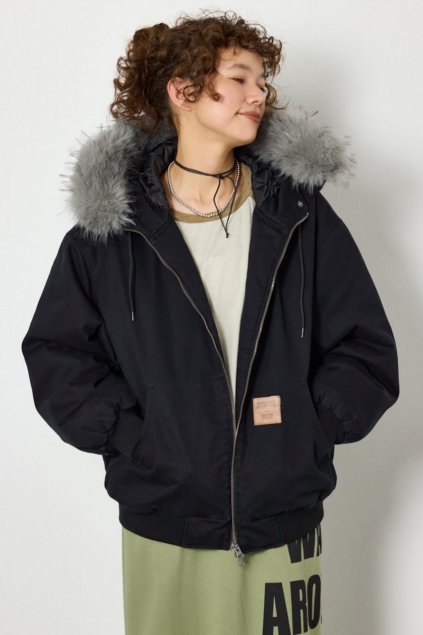 【UNISEX】FUR HOODED ワークジャケット BLK L