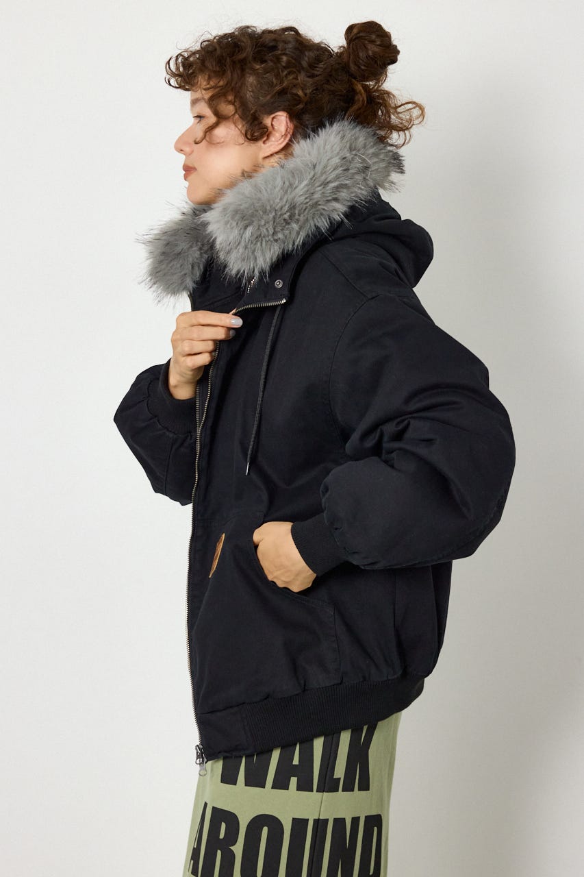 【UNISEX】FUR HOODED ワークジャケット BLK L