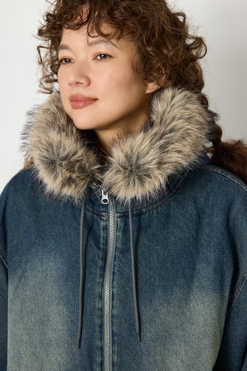 【UNISEX】FUR HOODED ワークジャケット BLU L