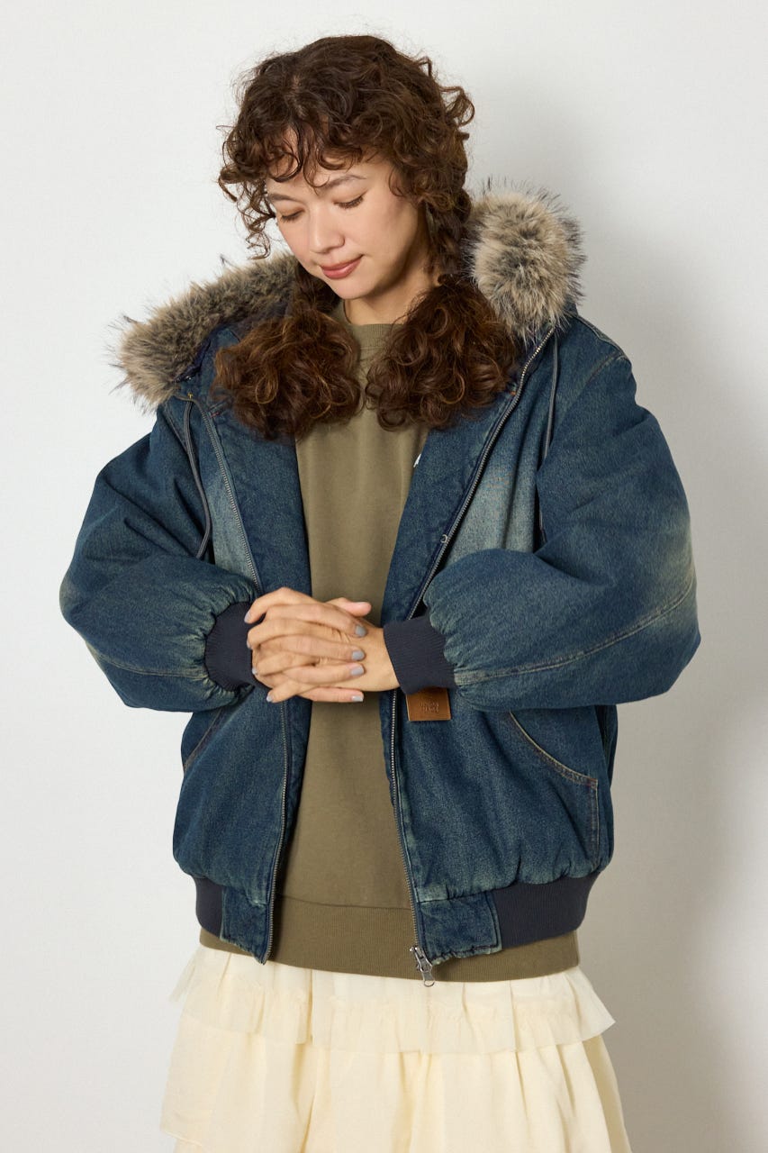 【UNISEX】FUR HOODED ワークジャケット BLU L