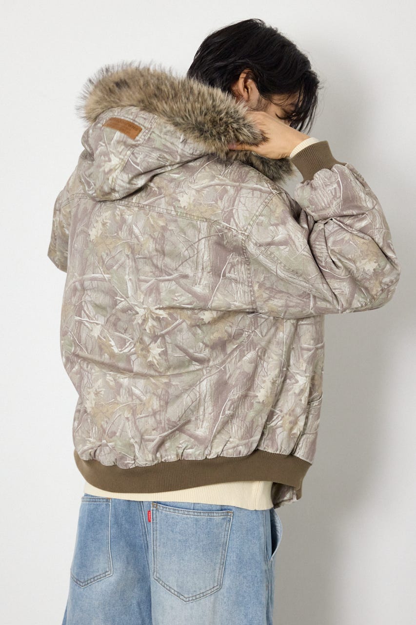 【UNISEX】FUR HOODED ワークジャケット 柄BEG L