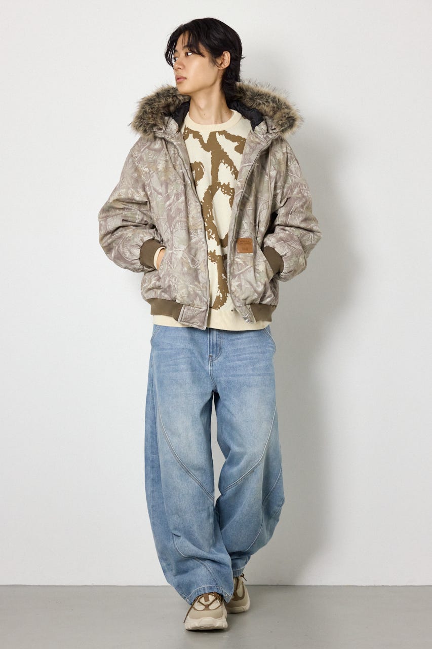 【UNISEX】FUR HOODED ワークジャケット 柄BEG L