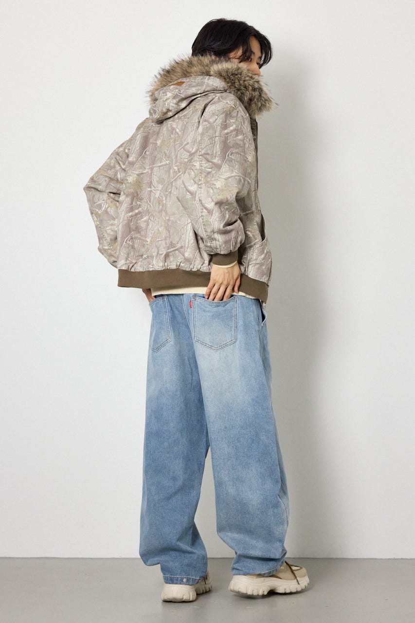 【UNISEX】FUR HOODED ワークジャケット 柄BEG L