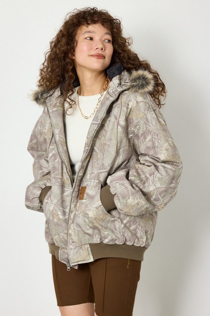 【UNISEX】FUR HOODED ワークジャケット 柄BEG L
