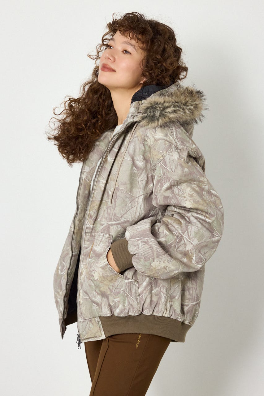 【UNISEX】FUR HOODED ワークジャケット 柄BEG L