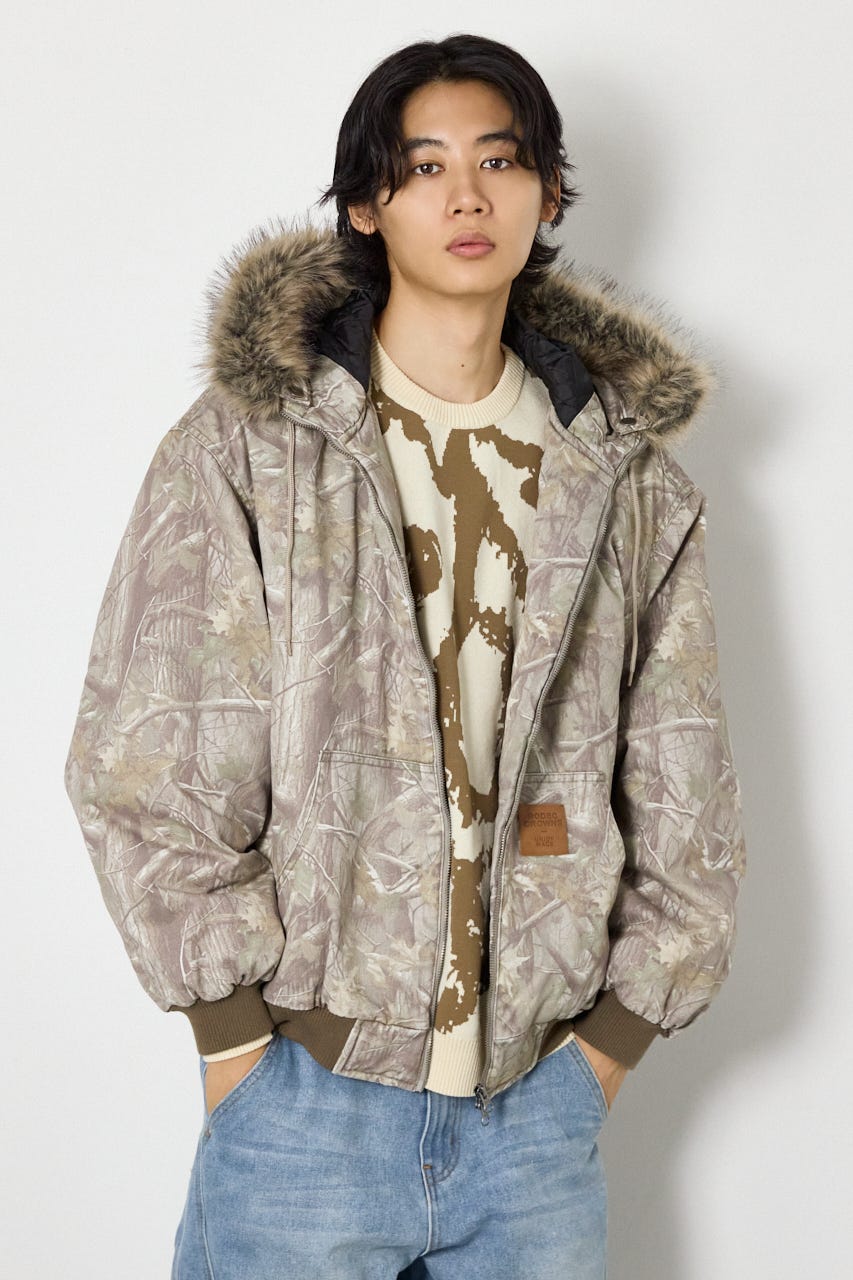 【UNISEX】FUR HOODED ワークジャケット 柄BEG L