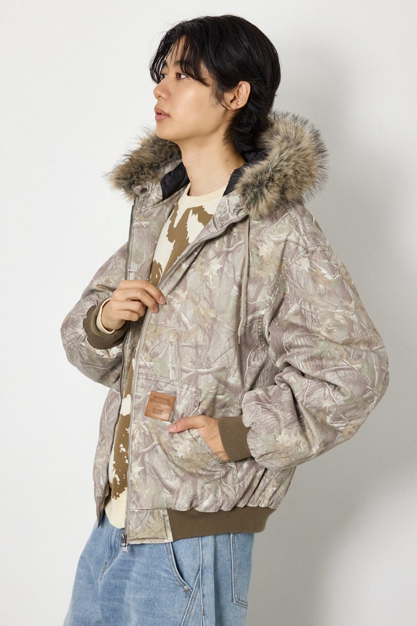 【UNISEX】FUR HOODED ワークジャケット 柄BEG L