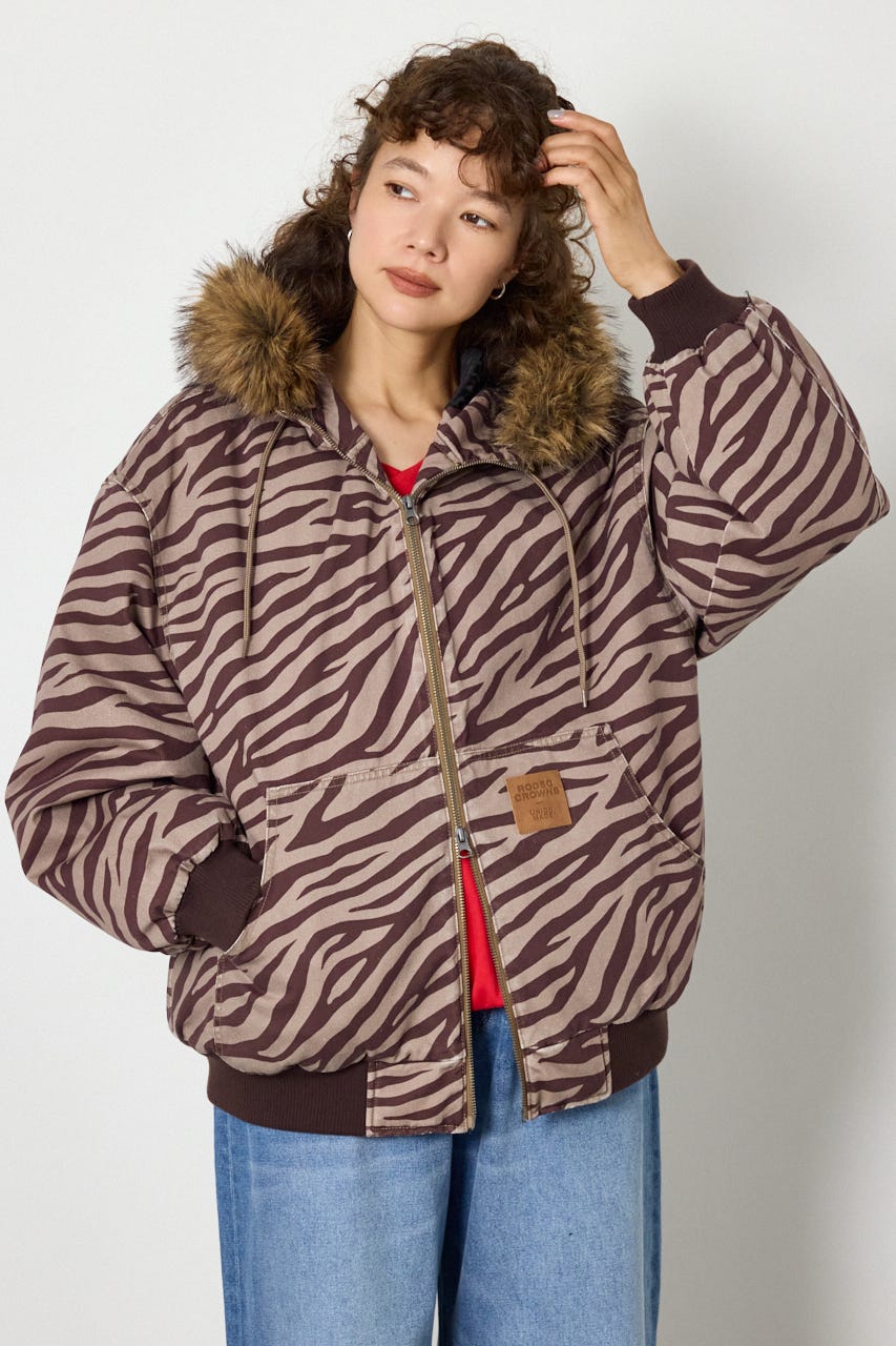 【UNISEX】FUR HOODED ワークジャケット 柄BRN L