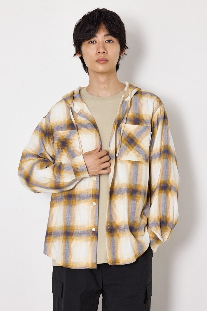 【UNISEX】フーディーチェックシャツ 柄BEG L