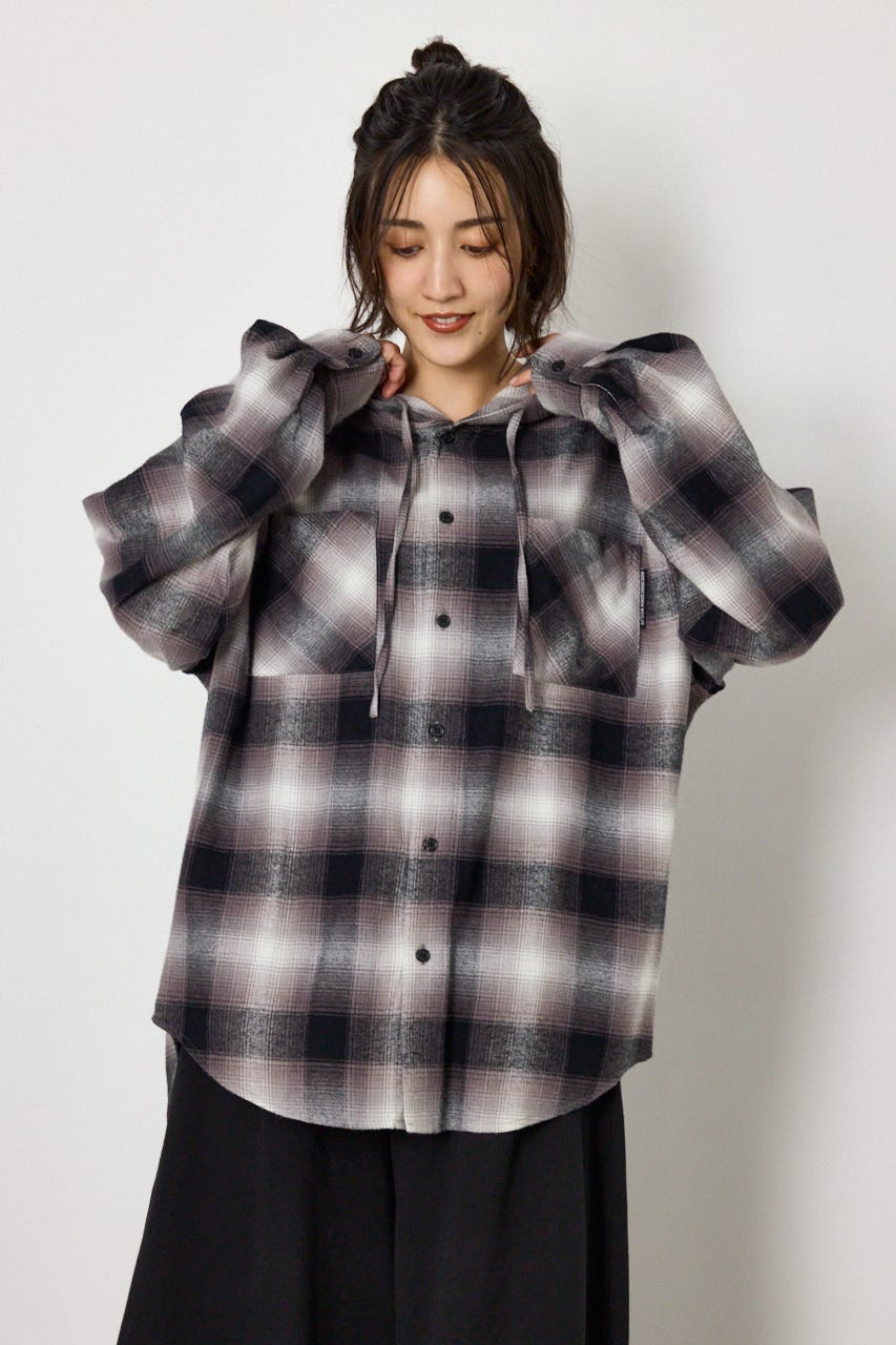 【UNISEX】フーディーチェックシャツ 柄BLK M
