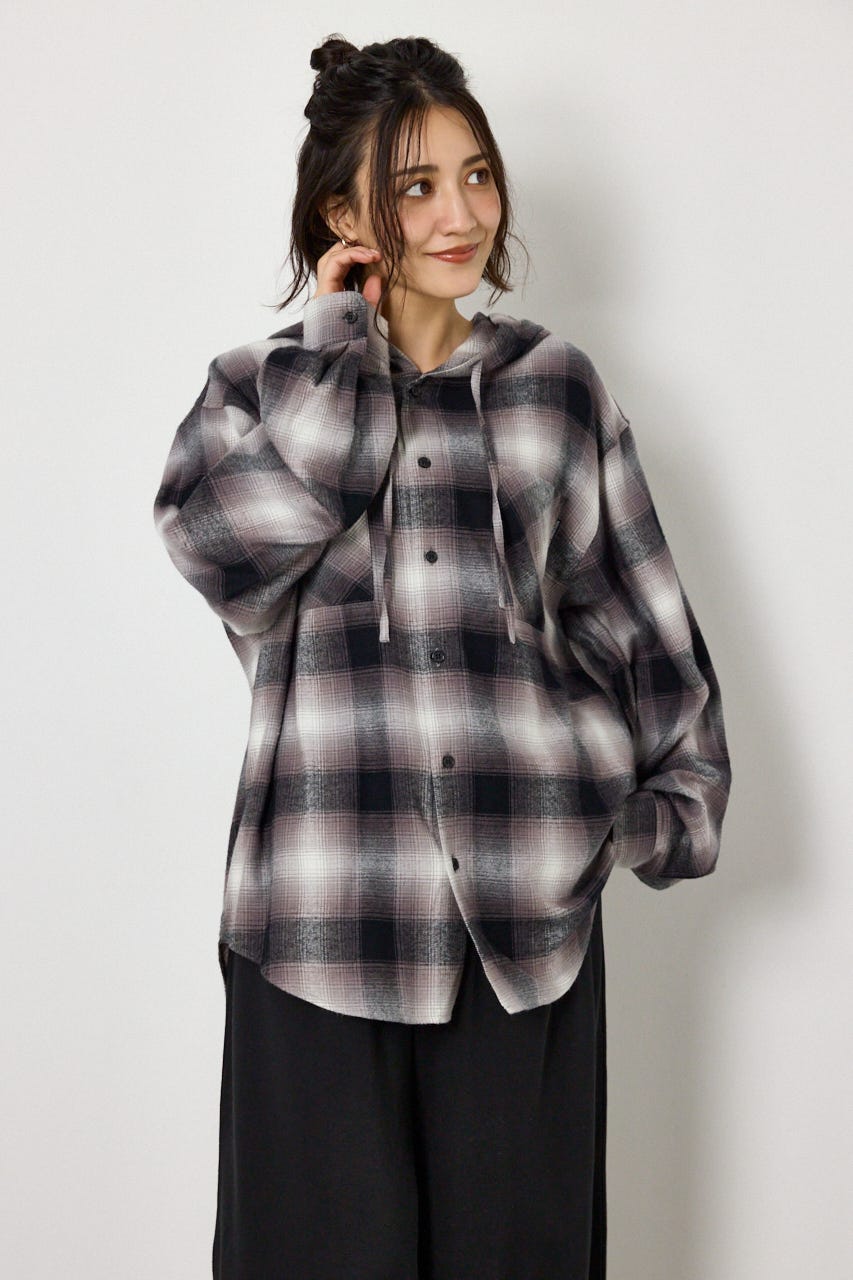 【UNISEX】フーディーチェックシャツ 柄BLK M